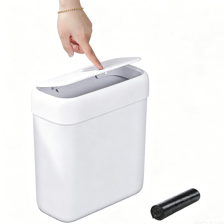 funest Mülleimer Bad mit Deckel, Schmaler Badmülleimer Weiss, Kleiner Mülleimer mit Druckknopf-Decke
