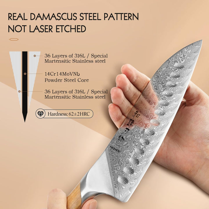 HEZHEN Damast Küchenmesser Set 5-Teilig, Professionelles Damaszener Stahl Kochmesser Set Santoku Mes