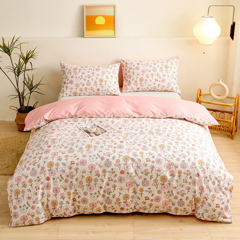 YASMENG Bettwäsche 155x220 Blumen Muster Beige Rosa Bettwäsche 3 Teilig Weich Kuschelig Mikrofaser B