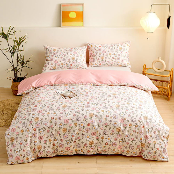 YASMENG Bettwäsche 155x220 Blumen Muster Beige Rosa Bettwäsche 3 Teilig Weich Kuschelig Mikrofaser B