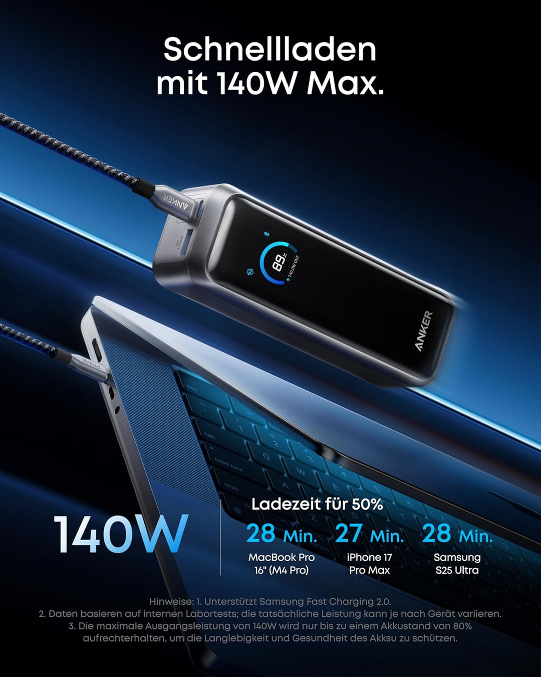 Anker Prime Powerbank 20100mAh tragbares Ladegerät 3 Ports 220W Ausgang, bidirektionales Laden, für