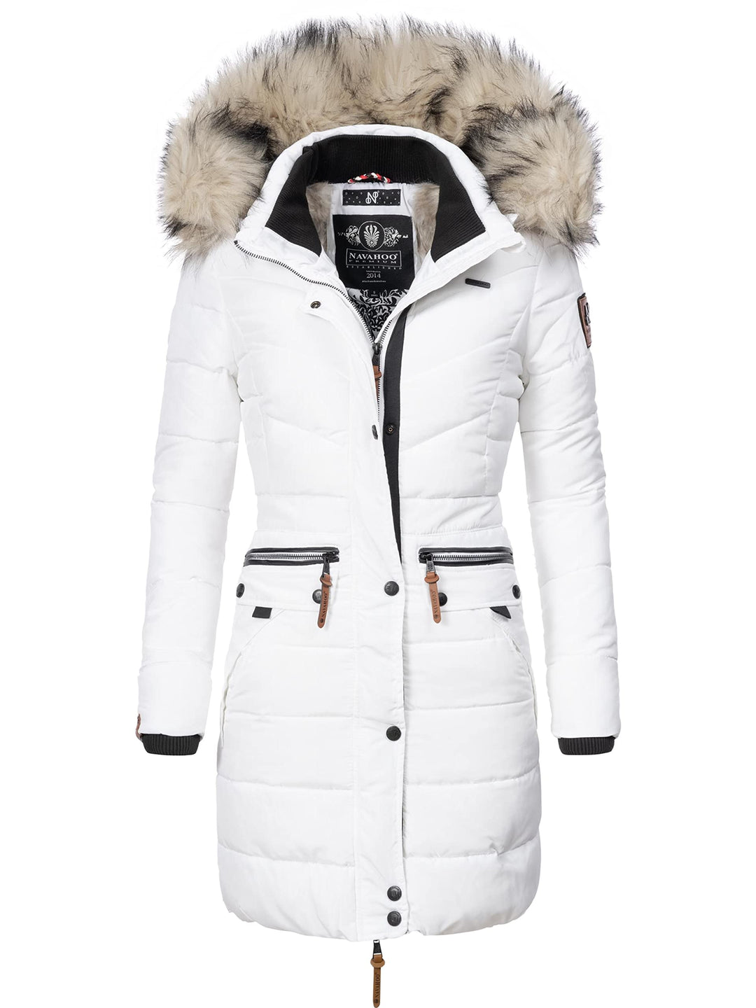 Navahoo Damen Wintermantel warmer Steppmantel lang mit abnehmbarer Kunstfell-Kapuze Paula XS-5XL XXL