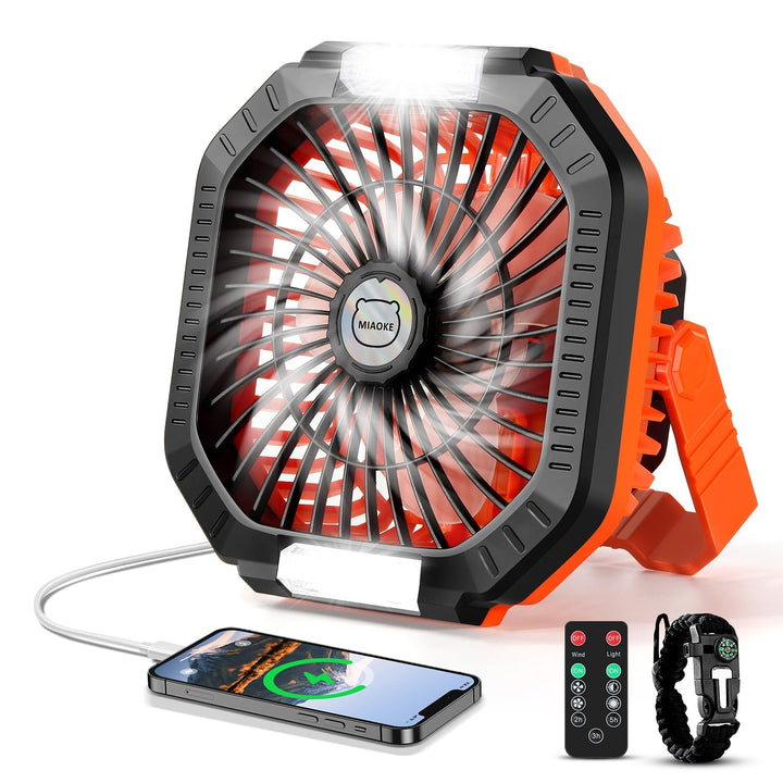 MIAOKE Camping Ventilator, 10400mAh Tischventilator,USB Ventilator Akku mit Licht,Haken,Paracord-Arm