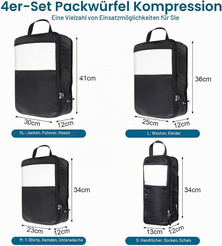 Cozary Koffer Organizer Packing Cubes Compression 4 Stück - Packwürfel mit hohem Fassungsvermögen, T