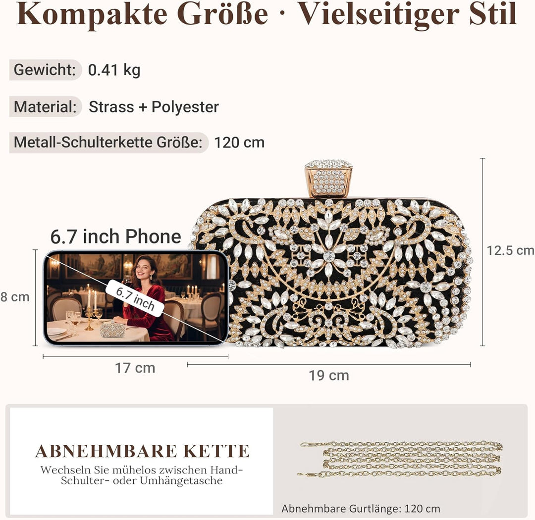 DIRRONA Strass Damen Handtasche Elegante Hochzeits Braut Clutch Bag Exquisite Kettentasche Glitzer P