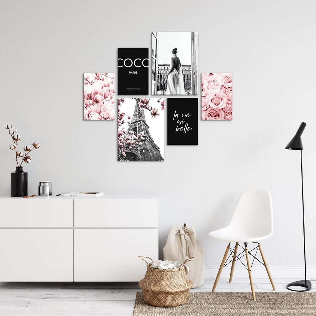 Novart Wandbilder Set Fashion Paris Coco Rosa - KEIN EXTRA RAHMEN BENÖTIGT - Modern Deko - Wohnzimme