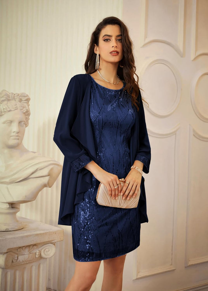 GRACE KARIN Damen Ärmelloses Rundhals Pailletten Cami Kleid Elegant Zweiteiler Tüll Cardigan Abendkl