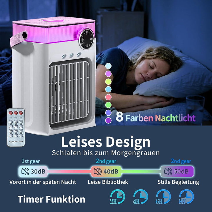 YFFU Mobile Klimaanlage mit Fernbedienung, 1200 ml USB Luftkühler, RGB 8 Lichtfarben mit Timer, 3 Ge