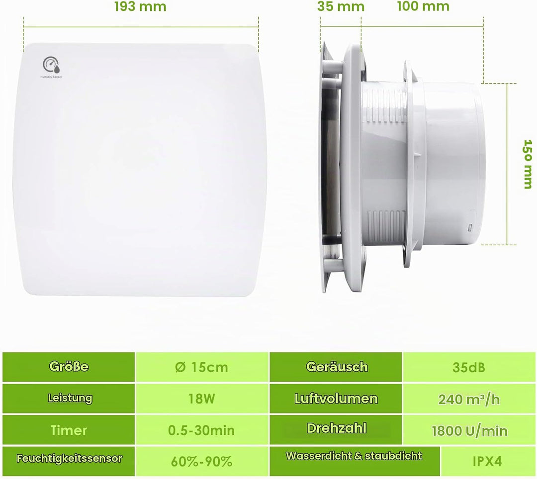 Randaco Badlüfter 150mm mit Feuchtigkeitssensor und Rückstauklappe timer｜Bad Lüfter Abluftventilator