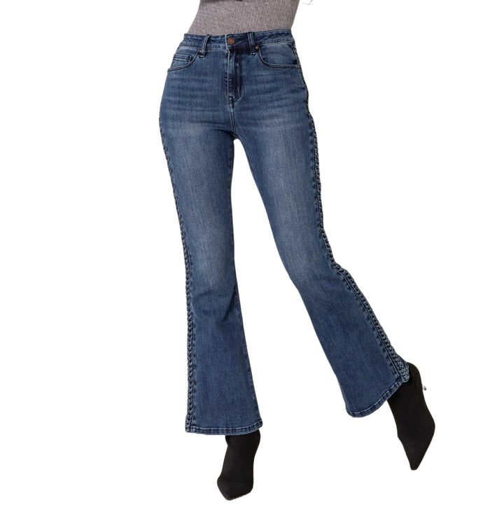 Nina Carter Q1897 Damen Bootcut Jeans im Retro-Stil HIGH Waist Stretchjeans Jeanshosen Used-Look Sch