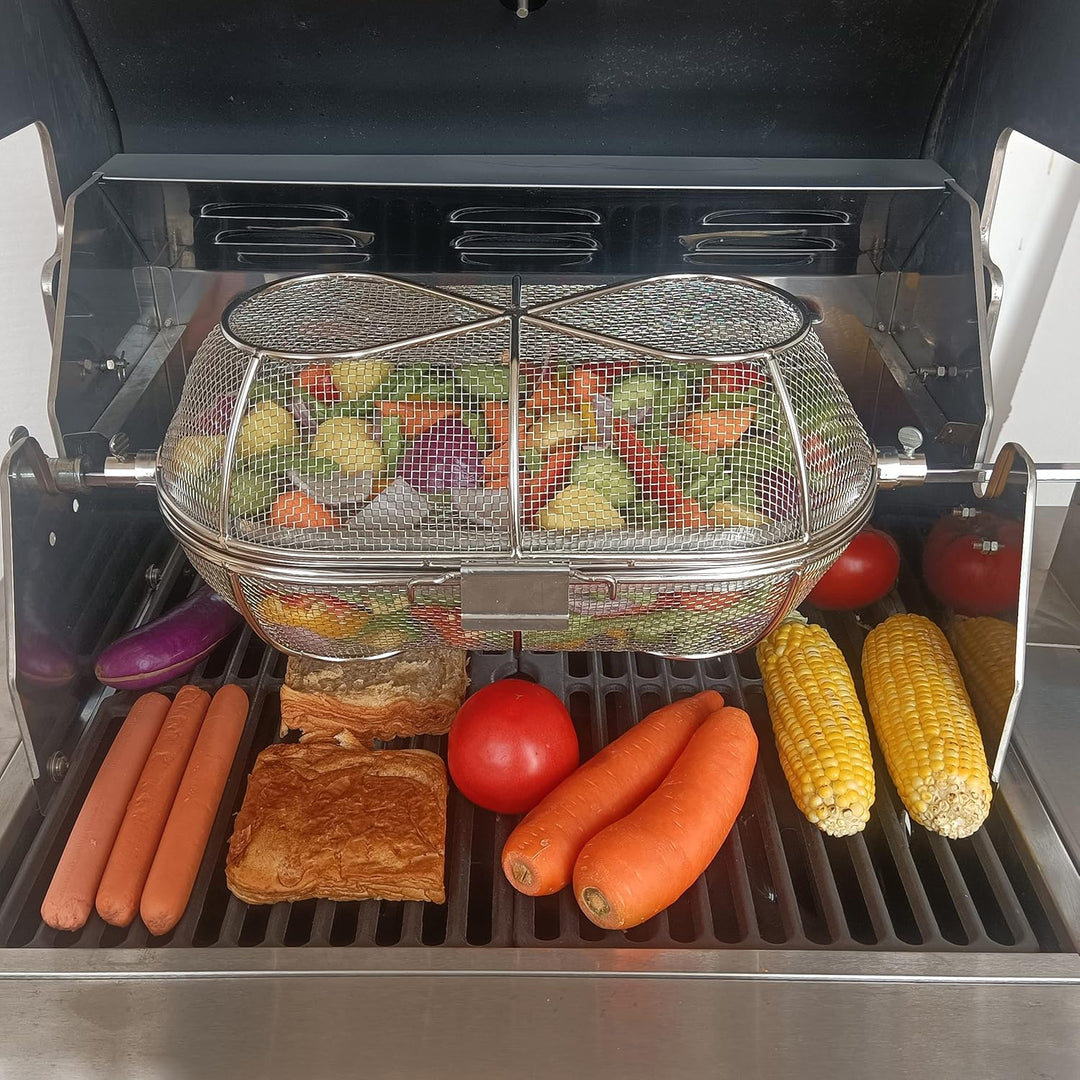 edelstahl Grillkorb - Korb für Rotisserie - Drehspiess korb - kann an jedem Spiess mit einer maximal