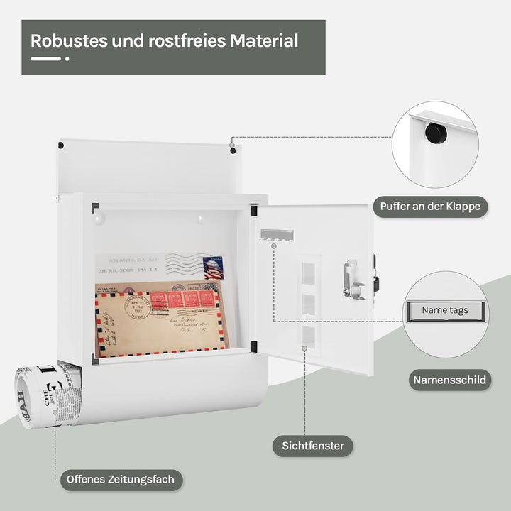 WOLTU Briefkasten Postkasten mit Zeitungsfach Sichtfenstern Namensschild, Wandbriefkasten abschliess