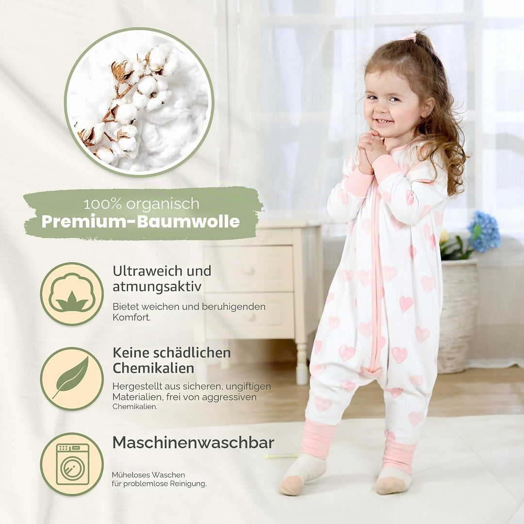 Mama Cheetah Toddler Schlafsack mit Füssen, Long Sleeve 0,5 TOG Bio-Baumwolle Baby Schlafsack mit Be
