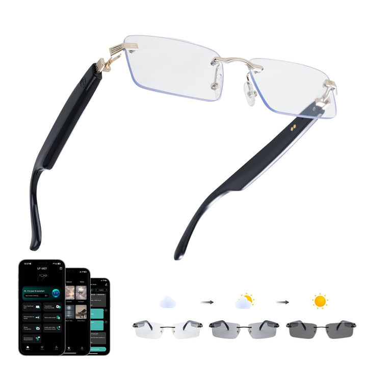 GenXenon AI Smart Brille, Photochrome Smart Glasses mit Offenen Lautsprechern, Echtzeit-Übersetzer f
