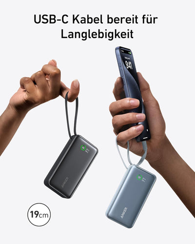 Anker Nano Powerbank,10.000mAh Powerbank mit eingebautem USB-C Kabel, PD 30W Höchstleistung mit 1x U