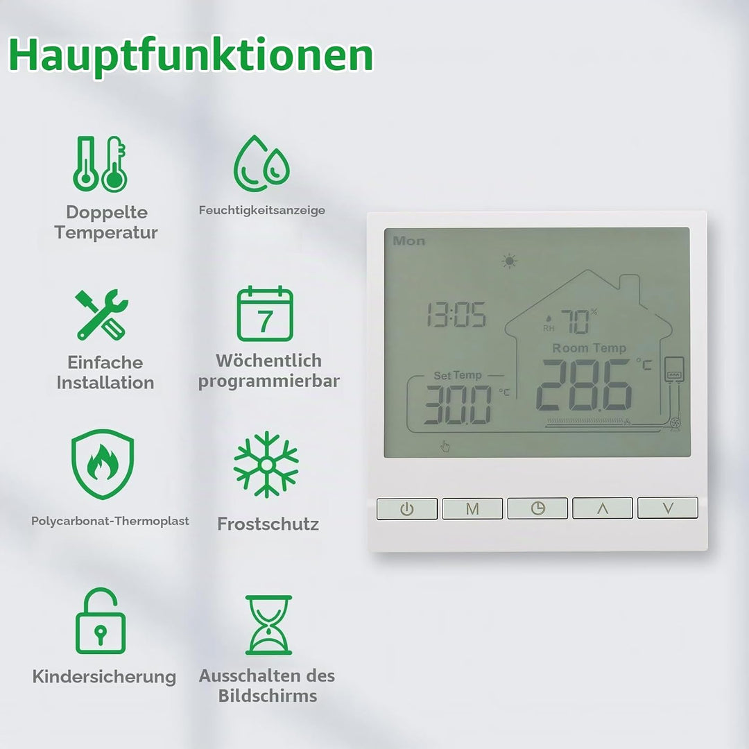 Wengart Digitaler Thermostat WG905,Anzeige der Luftfeuchtigkeit im Innenbereich Programmierbarer The