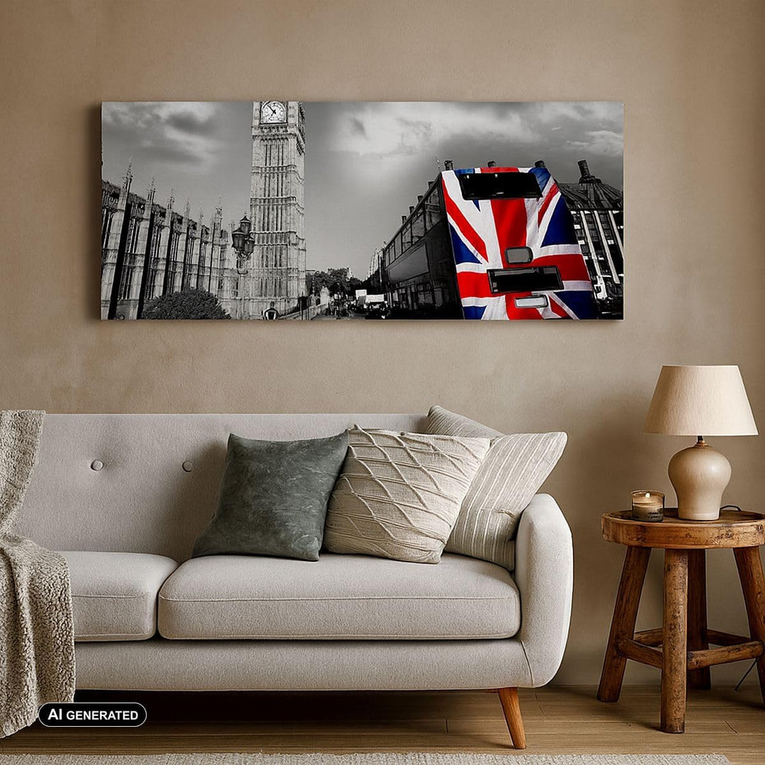 Panorama Bilder auf Leinwand 100x40cm Leinwandbild Bus London Big Ben Gebäude Gross Wanddeko Bild Sc