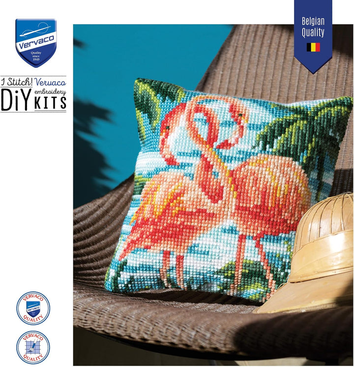 Vervaco Kreuzstichkissen 2 rosa Flamingos Kreuzstichpackung, Stramin, Weiss, 40 x 40 x 0,3 cm