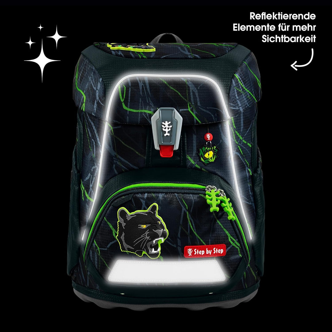 Step by Step Schulranzen-Set FIT „Danger Cat Chiko“ 5-teilig, grau-grün, Panther-Design, ergonomisch
