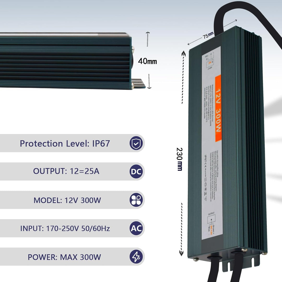 LED Trafo 12V 300W DC Netzteil Outdoor IP67 Wasserdicht Transformateur für LED Streifen, 12V 300W