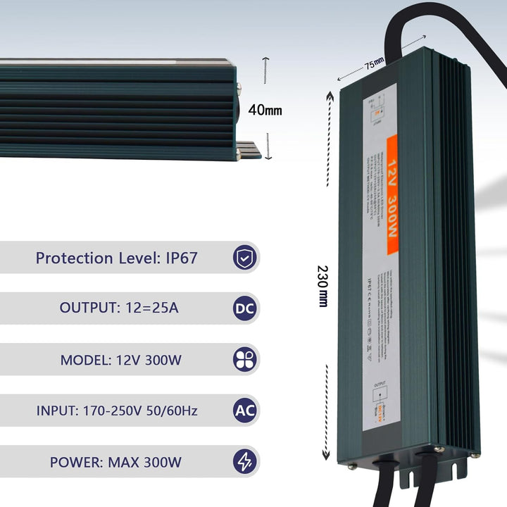 LED Trafo 12V 300W DC Netzteil Outdoor IP67 Wasserdicht Transformateur für LED Streifen, 12V 300W