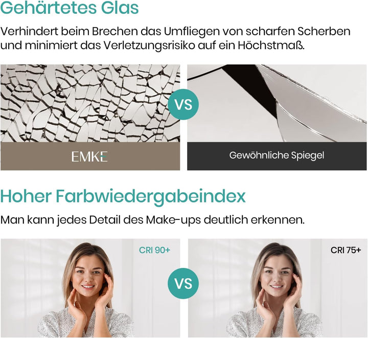 EMKE® Badspiegel mit Beleuchtung 120x60cm LED Wandspiegel 3000K Warmweiss Wandschalter Vertikal/Hori