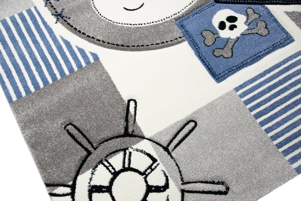 CARPETIA Teppich Kinderzimmer Babyzimmer Jungen AFFE Pirat blau crème grau schwarz Grösse 80 cm Rund