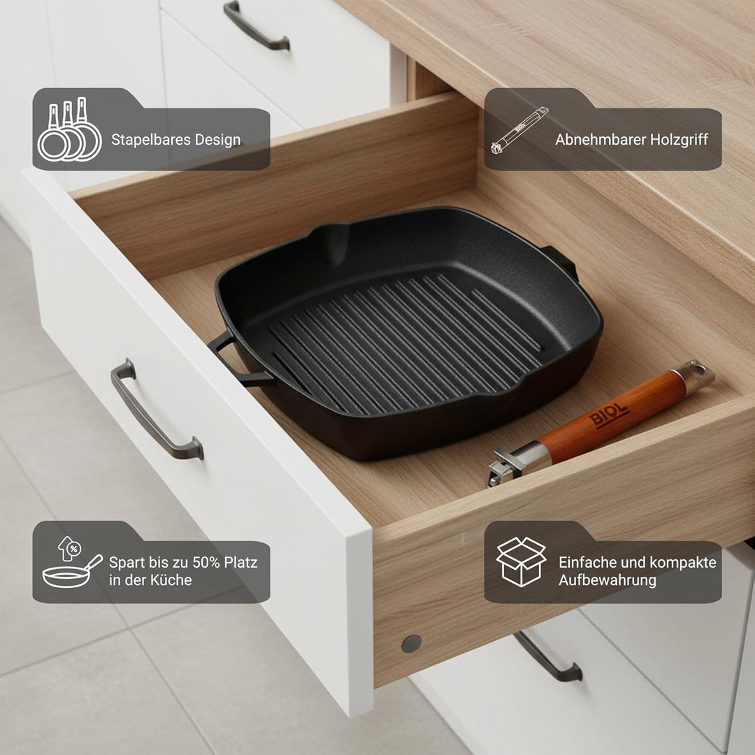 BIOL Quadratische Grillpfanne aus Gusseisen 26×26 cm – Für Induktion, Backofen & Grill (mit Glasdeck