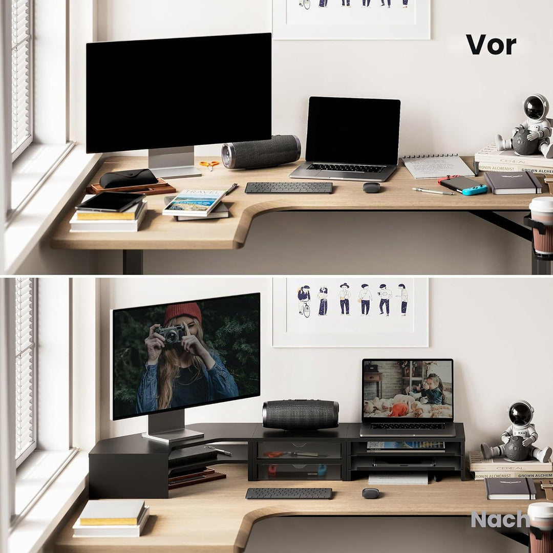 Fenge Monitorständer für den Schreibtisch, 3-in-1, Doppelmonitorerhöhung mit Schubladen, herausnehmb