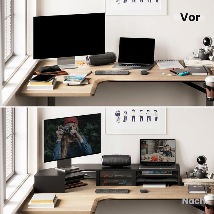 Fenge Monitorständer für den Schreibtisch, 3-in-1, Doppelmonitorerhöhung mit Schubladen, herausnehmb