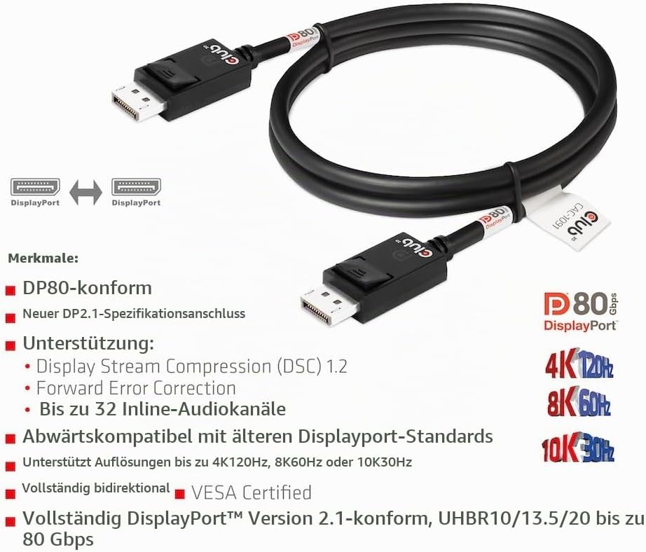 Club3D CAC-1091 DisplayPort™ 2.1 Bi-Direktionales VESA DP80 zertifiziertes Kabel 4K120Hz, 8K60Hz ode