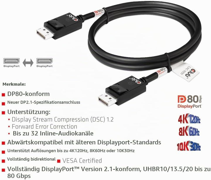Club3D CAC-1091 DisplayPort™ 2.1 Bi-Direktionales VESA DP80 zertifiziertes Kabel 4K120Hz, 8K60Hz ode