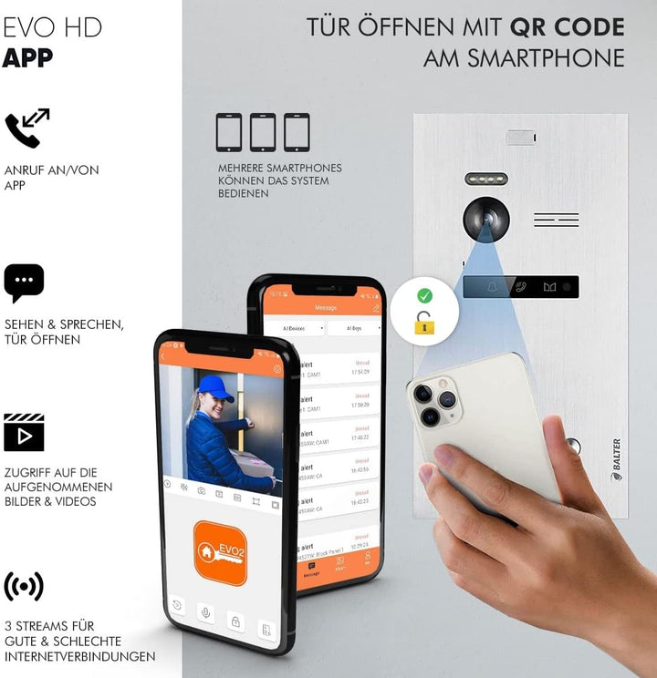 Balter EVO HD Schwarz/Weiss WiFi Video Türsprechanlage Set für 4 Familienhaus (1x Türstation mit Ful