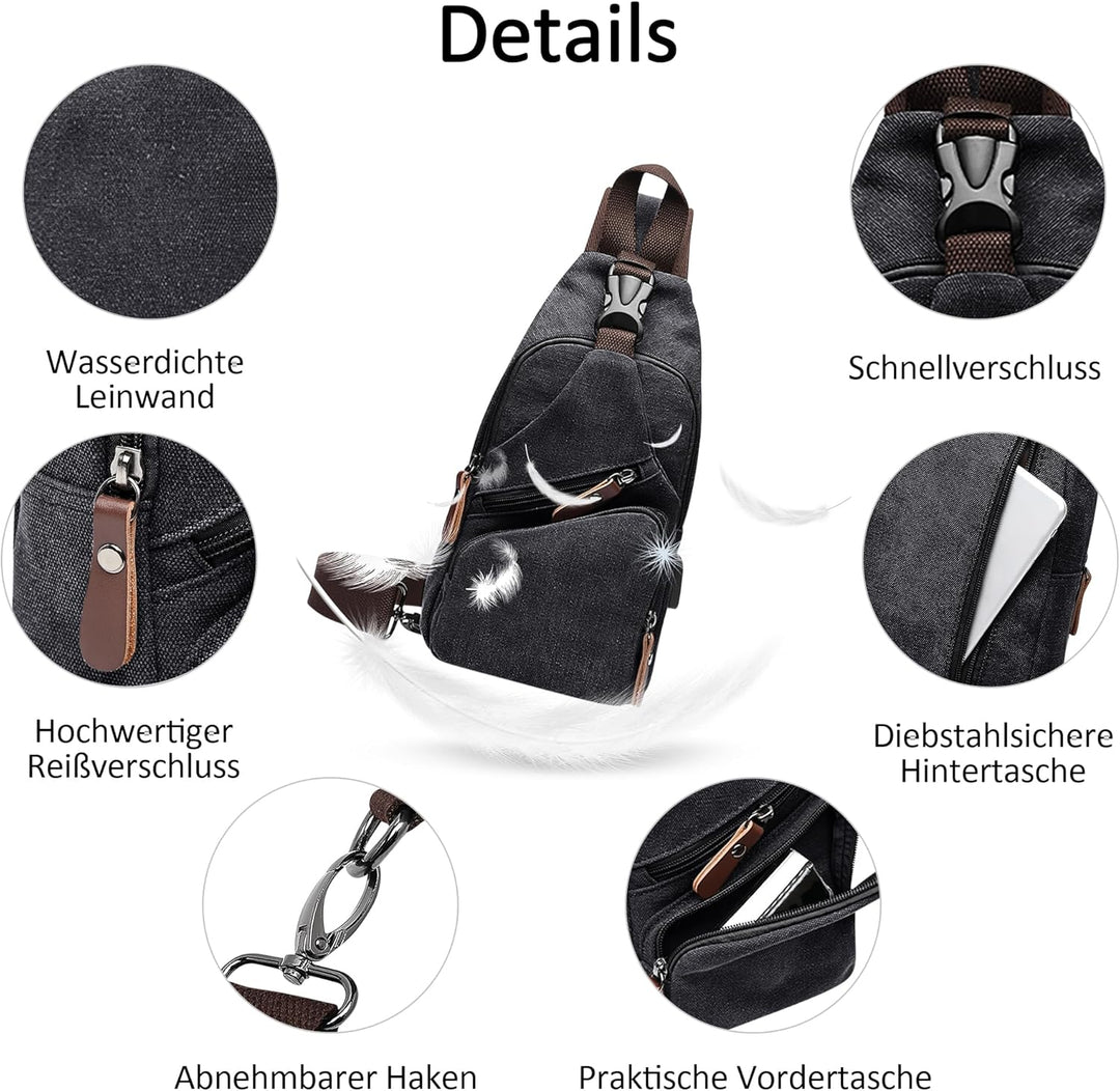 DORRISO Herren Umhängetasche Mode Brusttasche Schultertasche Leinwand Schultertaschen USB Anschluss