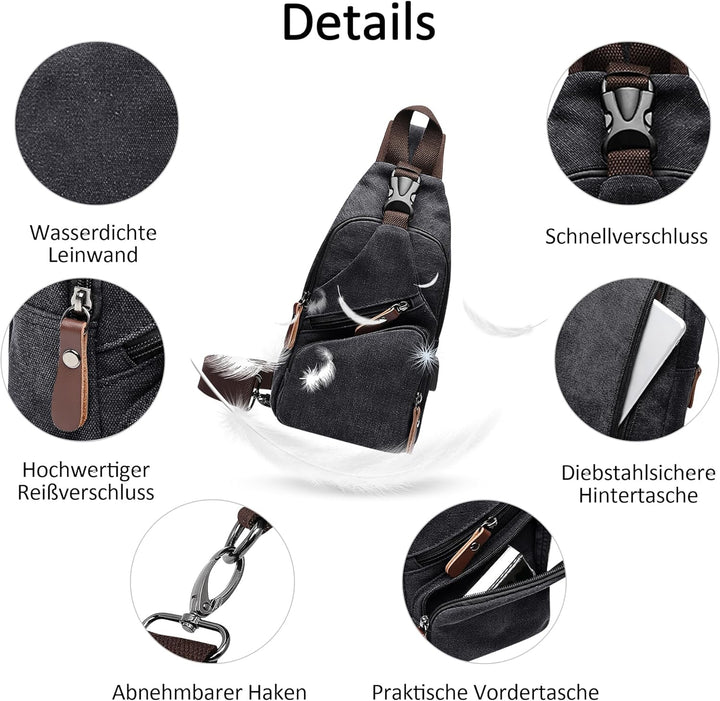 DORRISO Herren Umhängetasche Mode Brusttasche Schultertasche Leinwand Schultertaschen USB Anschluss