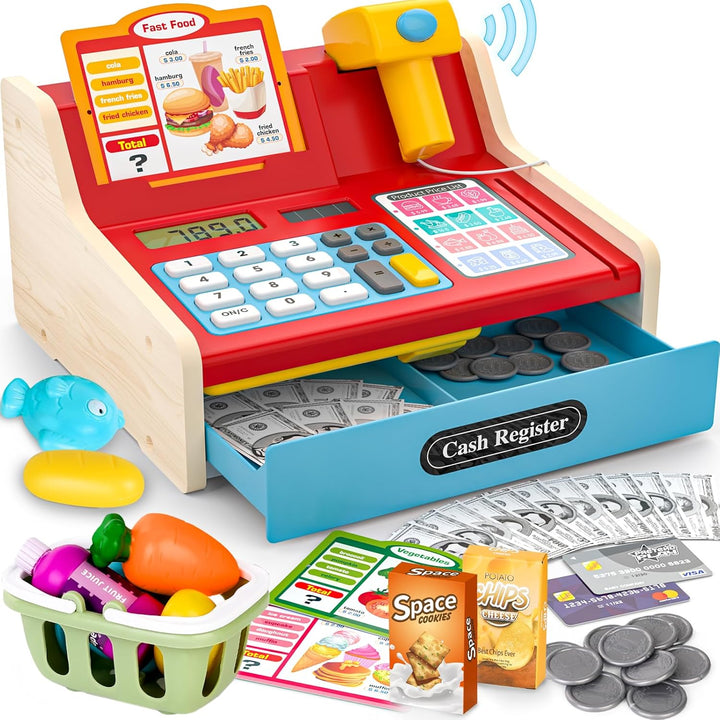 maysida Kinderkasse Holz-Registrierkasse mit Scanner & Sound für Kinder 3-5 Jahre, Spielzeug Kasse m