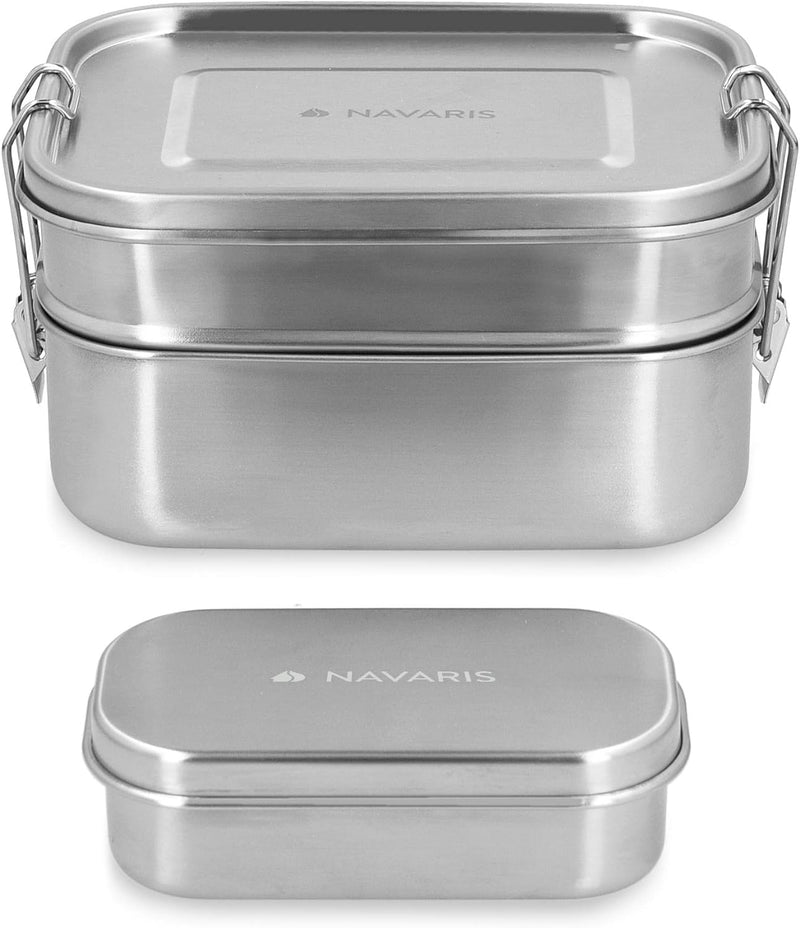 Navaris Brotdosen Set 3-teilig - Doppeldecker Lunch Box aus Edelstahl inkl. Mini Behälter - Doppel B