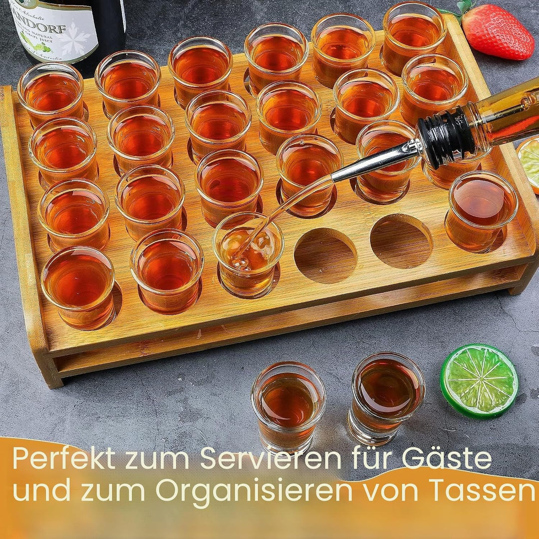 Schnapsglas-Set, 24 Stück, 30 ml, Schnapsglas-Halter, dicker Boden, klares Glas für Party, Club, Bar