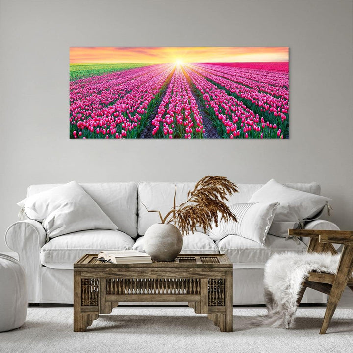 Wandbilder Dekoration Wohnzimmer Wiese Tulpen Sonnenuntergang Frühling Bilder auf Leinwand 120x50cm