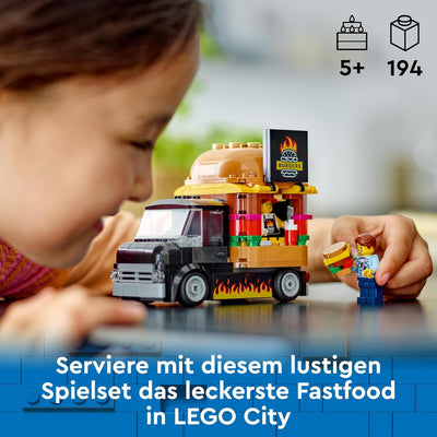 LEGO City Burger-Truck & City Autotransporter mit Rennwagen, LKW-Spielzeug mit Verstellbarer Laderam