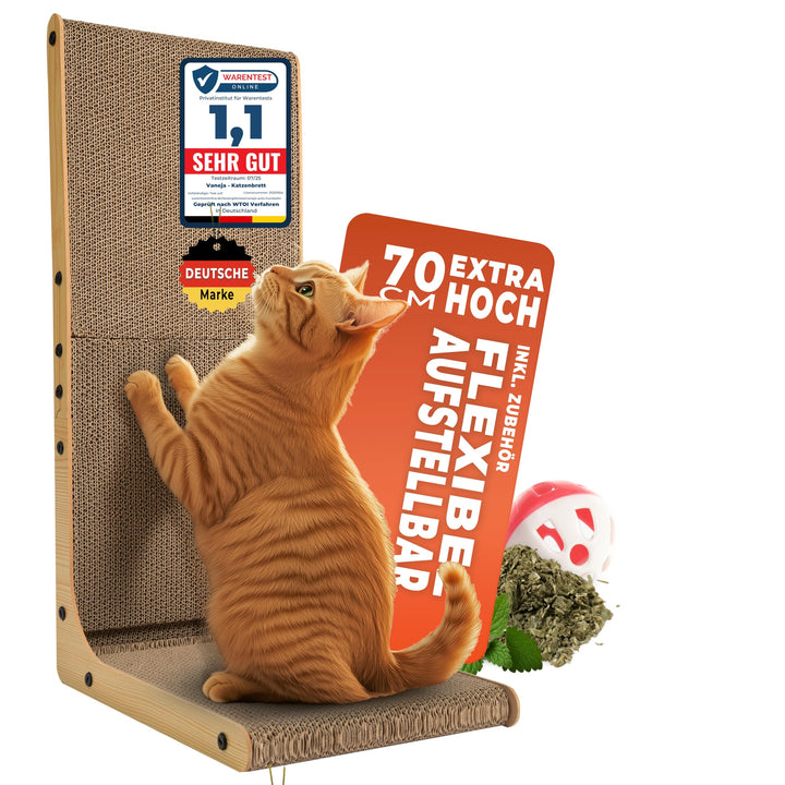 XXL Kratzbrett Katze 70 cm L-förmige Kratzpappe mit Ballspielzeug und Katzenminze, widerstandsfähige