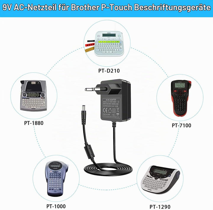 9V Netzteil Netzkabel, kompatibel mit Brother P-Touch Etikettendruckern PT-D210 PT-E100 PT-D200 PT-H