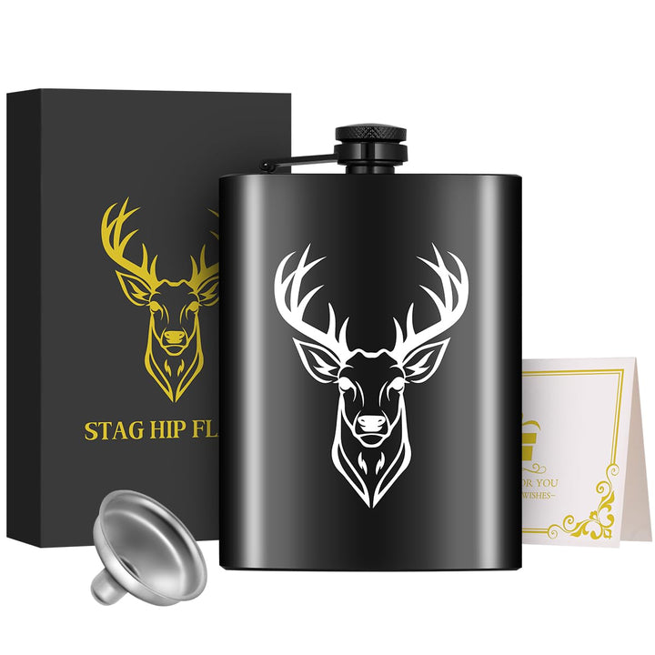 8oz/237ml Edelstahl Flachmann, Taschenflasche, mit Trichter und Grusskarte, Geschenkbox, Weisser Hir