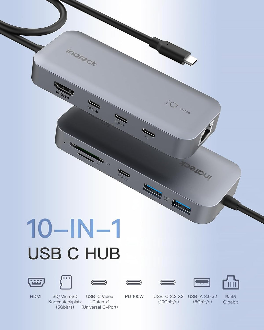 Inateck 10 in 1 USB C Hub, 4K 60Hz HDMI Docking Station, USB C Video＋Data, 100W PD, 10Gbps 2 USB 3.2
