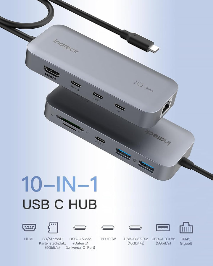 Inateck 10 in 1 USB C Hub, 4K 60Hz HDMI Docking Station, USB C Video＋Data, 100W PD, 10Gbps 2 USB 3.2