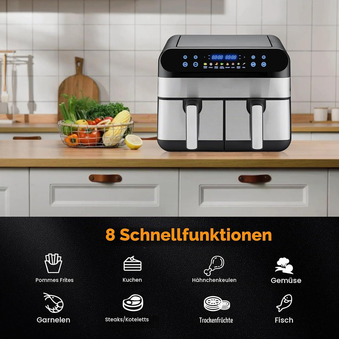 Dual-Zone Airfryer mit 9L Grosskapazität: 8-in-1 Kochfunktionen, geeignet für Airfrying, Braten, Ent