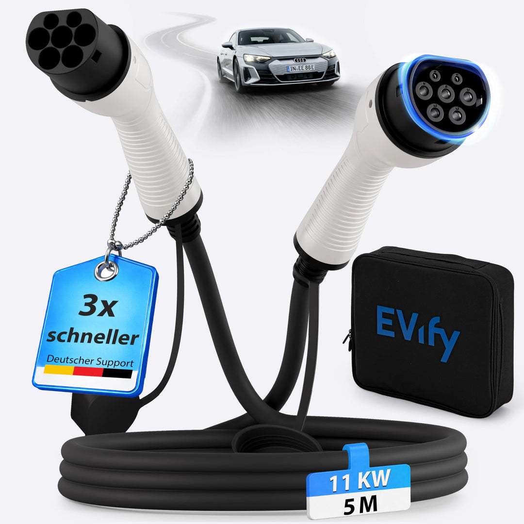 EVify Typ 2 Ladekabel 11kW 5M 16A für Elektroauto & Hybrid inkl. Kabeltasche • Kabel 3 phasig für EV