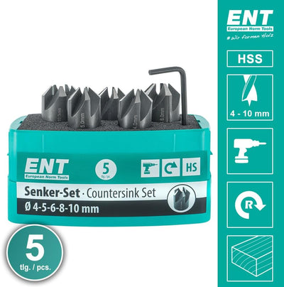 ENT 26516 5-tlg Aufsteckversenker-Set HSS, Durchmesser (d) 4, 5, 6, 8 und 10 mm, e 90°, Rechts 5-tlg