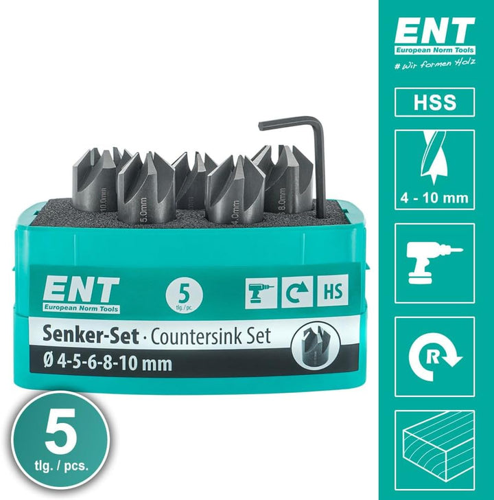 ENT 26516 5-tlg Aufsteckversenker-Set HSS, Durchmesser (d) 4, 5, 6, 8 und 10 mm, e 90°, Rechts 5-tlg