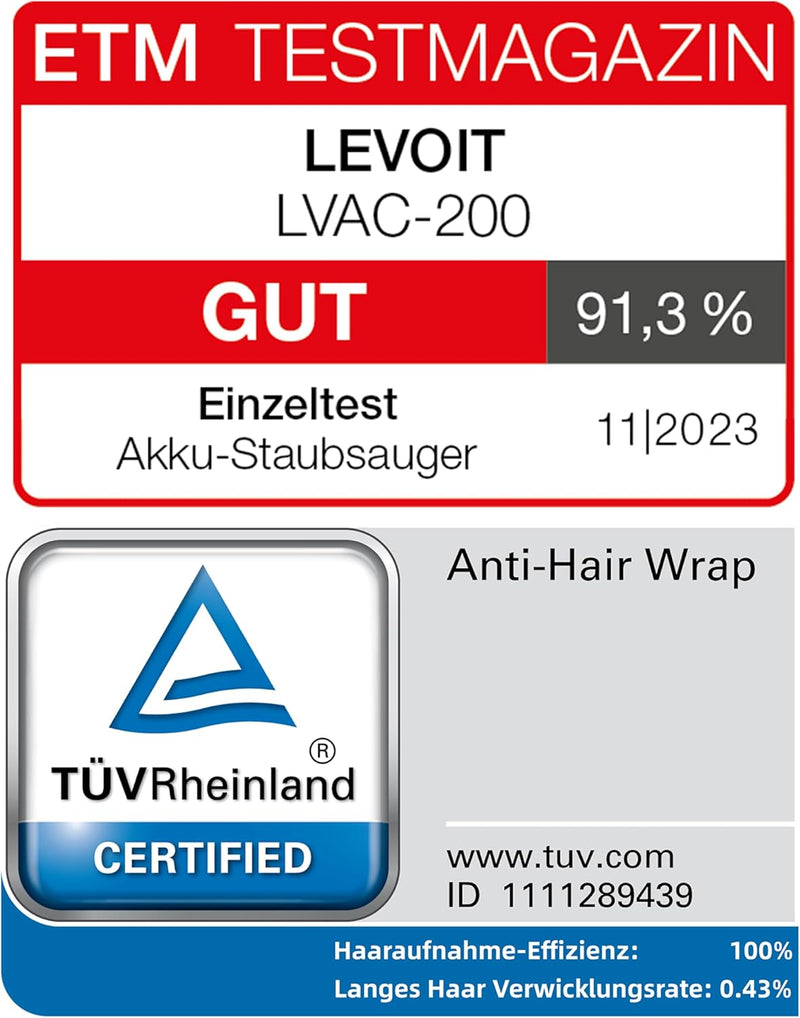 Levoit Akku Staubsauger mit Tierhaardüse, Anti-Haar-Verwicklung, max 50min Laufzeit, 4-in-1 Kabellos